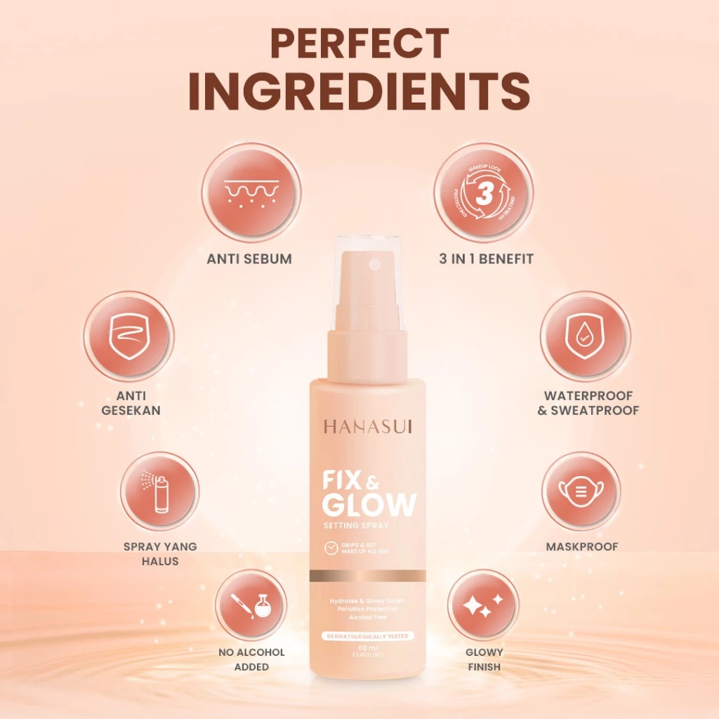 Hanasui Fix & Glow Setting Spray - Setting Spray Glowy Finish Make Up Menghidrasi Kulit MaskProof Tahan Lama - Gambar 3