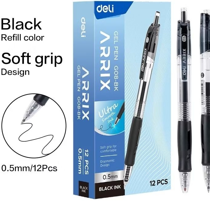 DELI GEL PEN ARRIX 0.5mm G08-BK/PACK CONTENTS 12 PCS | Shopee Singapore