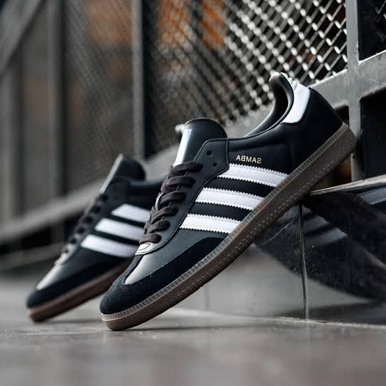 HITAM Adidas Samba OG Classic Leather Shoes Black White Black Sole