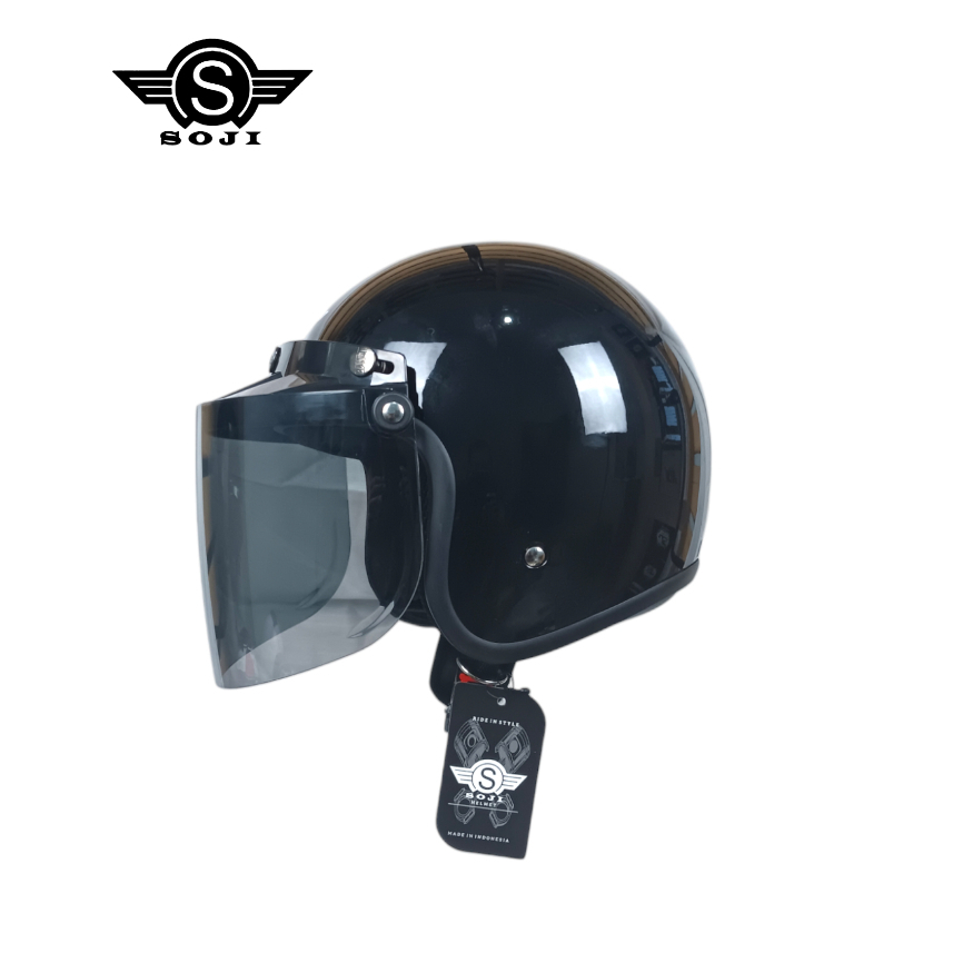 SOJI Helm Anak Junior Retro Polos Kaca Datar Hitam - Gambar 3