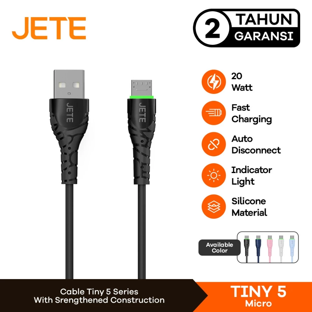 JETE Tiny 5 Kabel Data Micro Fast Charging 3A (100cm) - Kabel Data - Garansi 2thn
