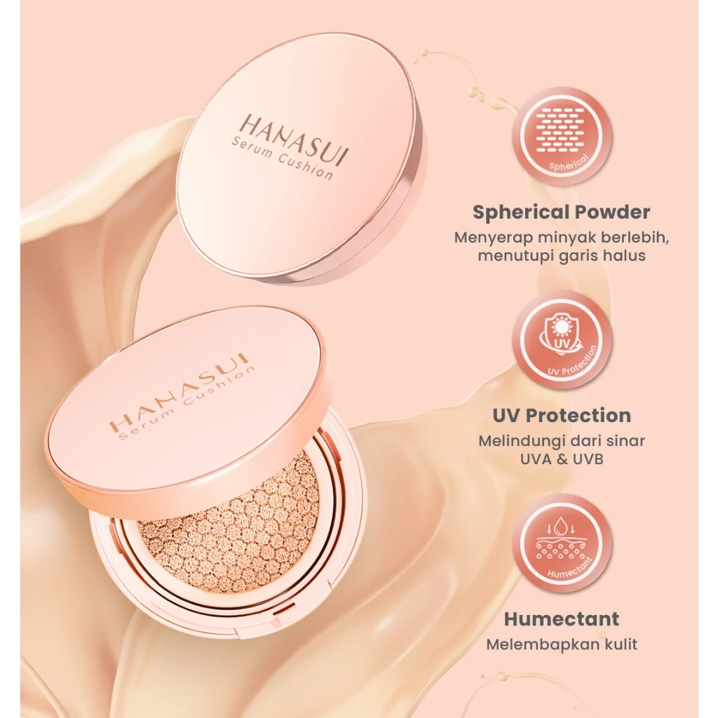 Hanasui Serum Cushion - Flawless Natural Dewy Finish UVA & UVB Protection Perfect Coverage Menyamarkan Pori-Pori Garis Halus Noda Wajah - Gambar 4