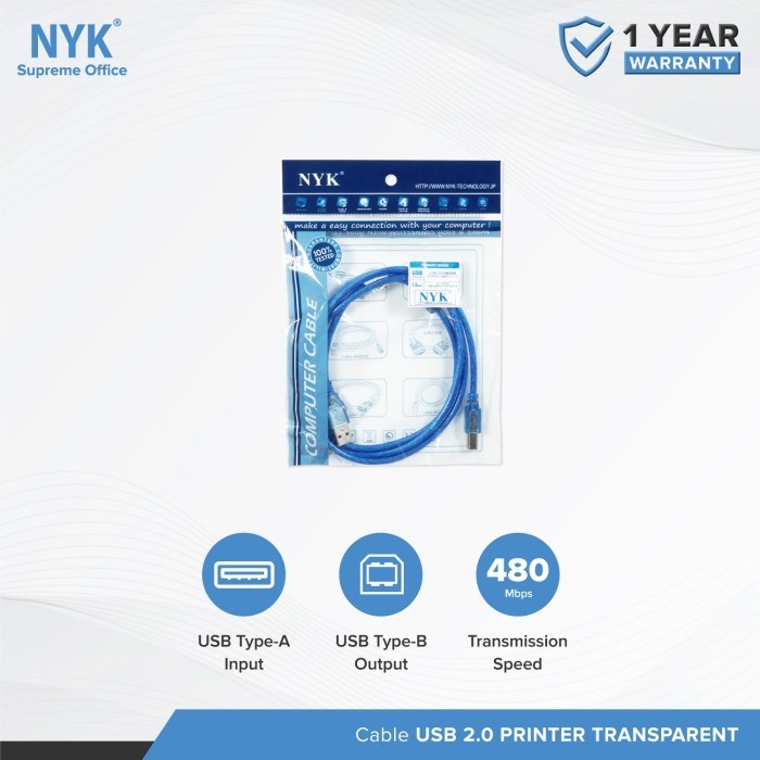 NYK Kabel Cable Printer USB 2.0 Transparent Garansi 1 Tahun - Gambar 3