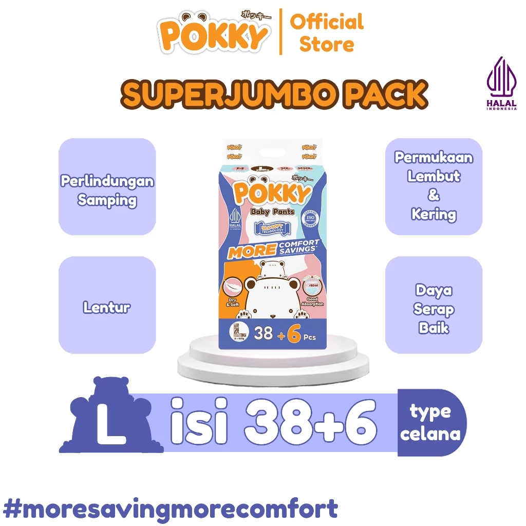 [1 BAG] POKKY Pants Popok Celana Bayi SUPER JUMBO PACK M44+6/L38+6/XL32+6/XXL28+6 - Gambar 3