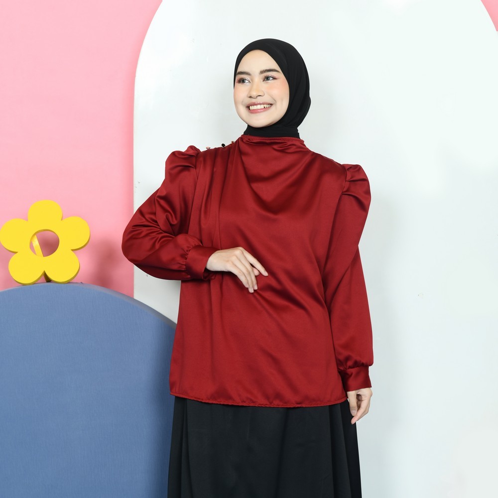 Mybamus Jena Balloon Puff Tops Atasan Kerja Blouse Bahan Satin Kondangan Kekinian
