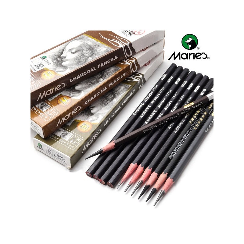 Maries Artist Charcoal Pencil 12 Piece Set, Soft Black Paper Handle  Charcoal Pencils for Drawing and Sketching