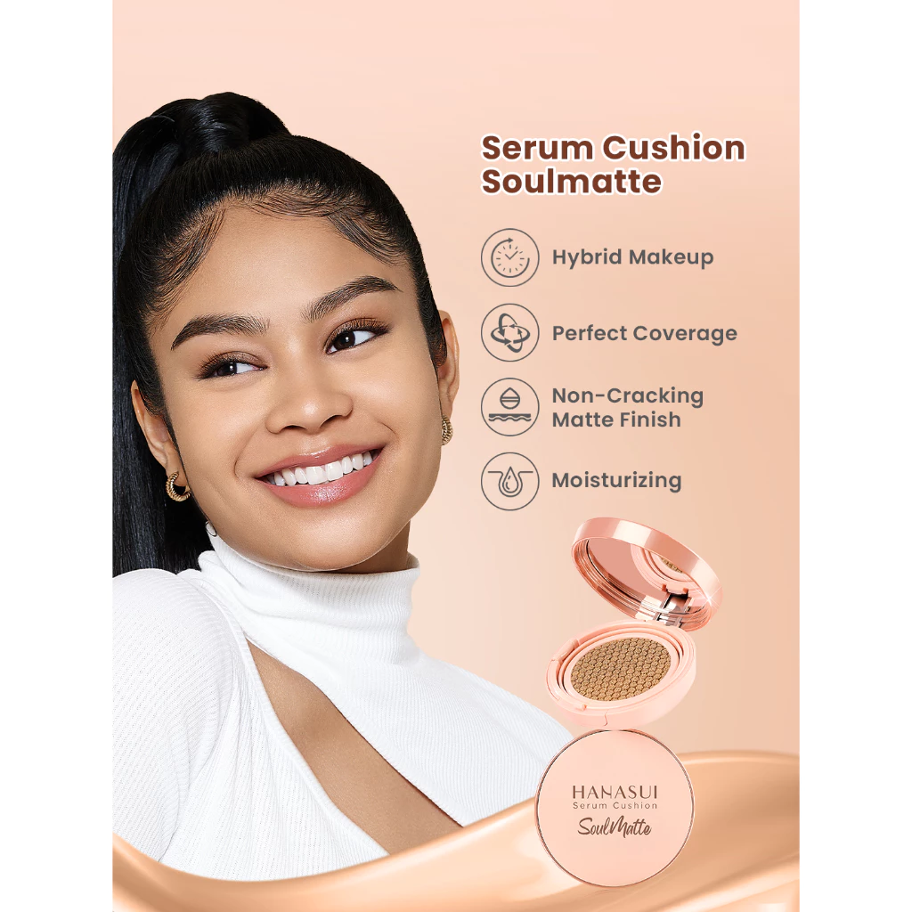 Hanasui Serum Cushion Soulmatte - Matte Finish UVA & UVB Protection Perfect Coverage Menyamarkan Pori-Pori Garis Halus Noda Wajah - Gambar 4