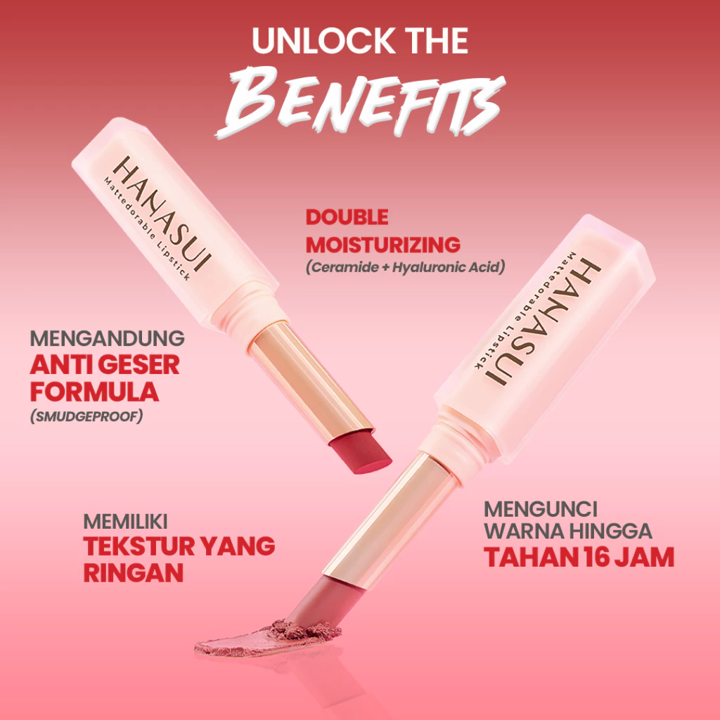 Hanasui Mattedorable Lipstick - Anti Geser Formula Smudgeproof Transferproof Long Lasting Tahan Lama Melembabkan Hidrasi Optimal - Gambar 2