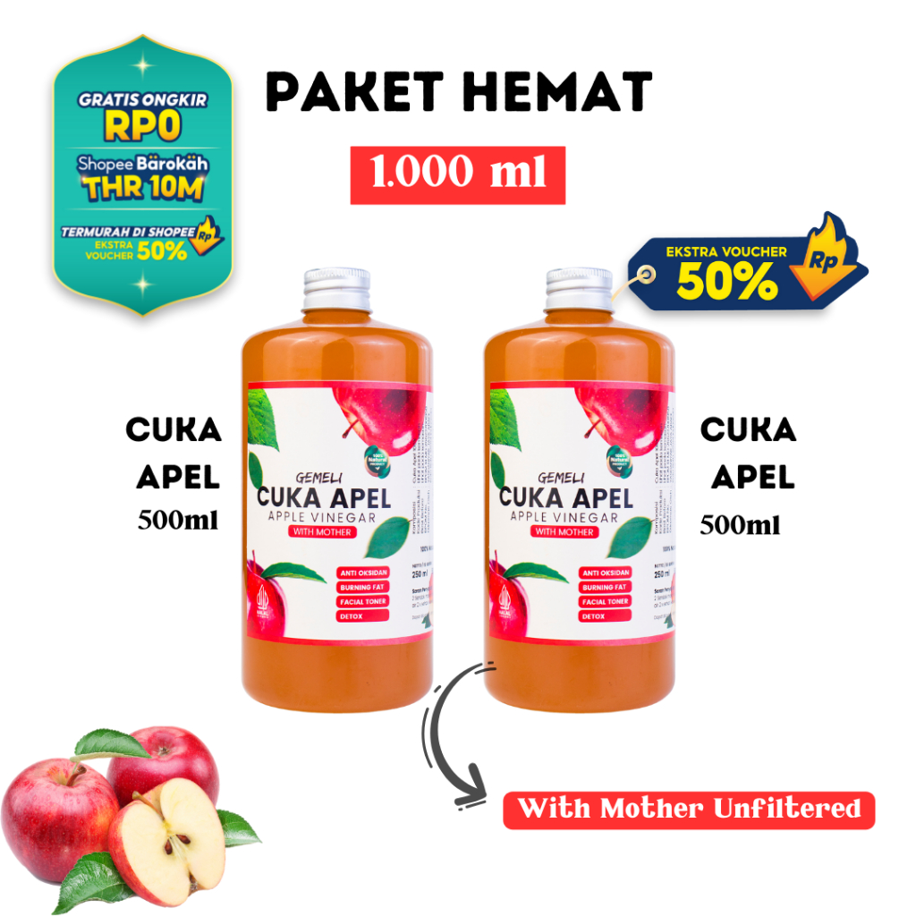 Cuka Apel Original 1000ml With Mother Untuk Kesehatan
