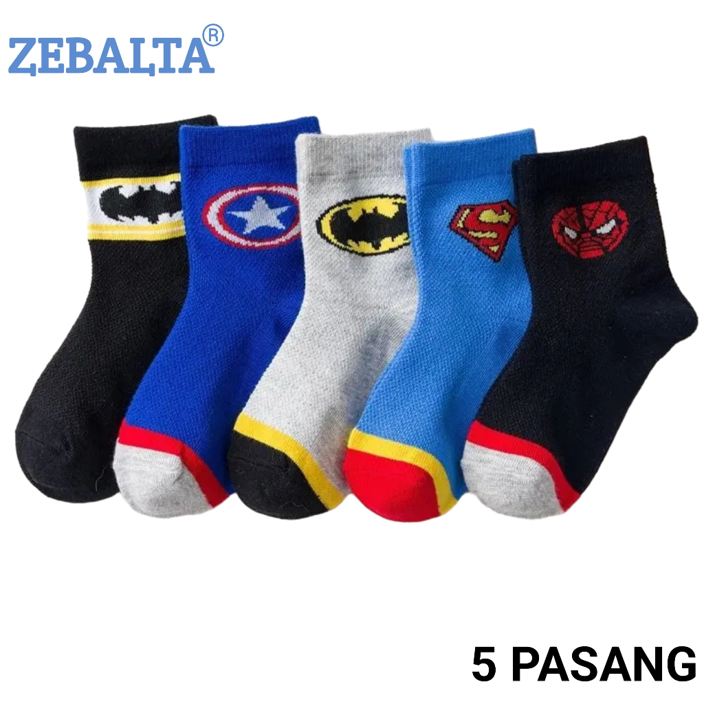 ZEBALTA - [Paket 5 Pasang] Kaos Kaki Anak Motif Superhero 4-12 Tahun