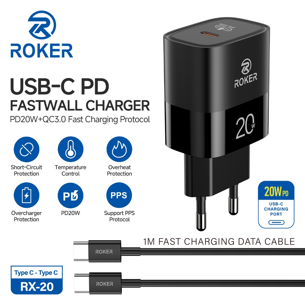 ROKER Charger RX20 POWER DELIVERY 20 WATT BONUS KABEL Type C to C power delivery fast charging android iphone 15 iphone 16