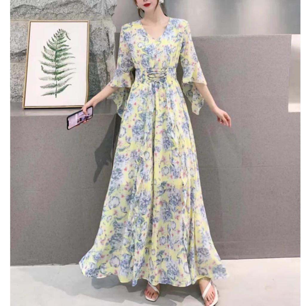 sachin and babi light blue dress 1930s Marigold Floral Garden Print Silk Flutter-Sleeve Maxi Dress