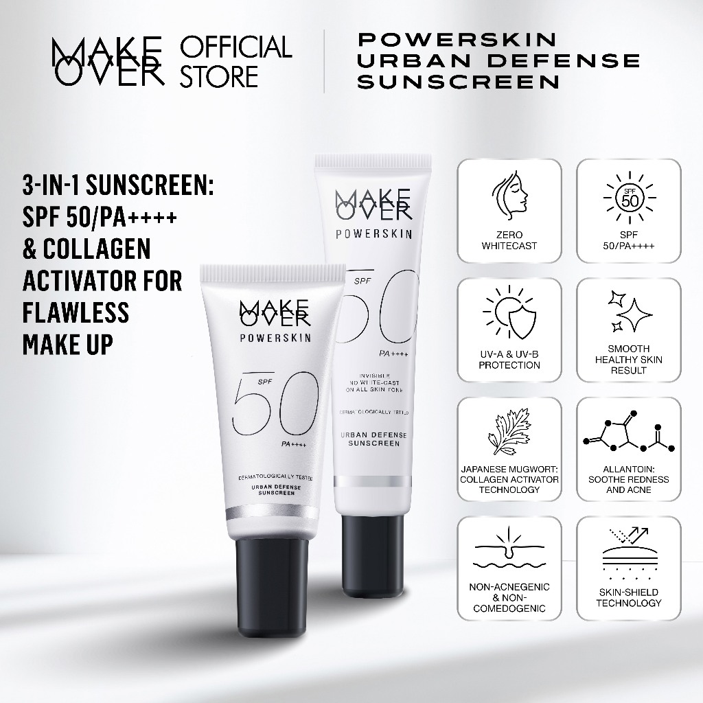 MAKE OVER Powerskin Urban Defense Sunscreen - Proteksi UVA UVB SPF50 PA++++ invisible tidak berwarna ringan tidak whitecast tidak flashback tidak lengket cocok semua warna kulit semua tipe make up - Gambar 4