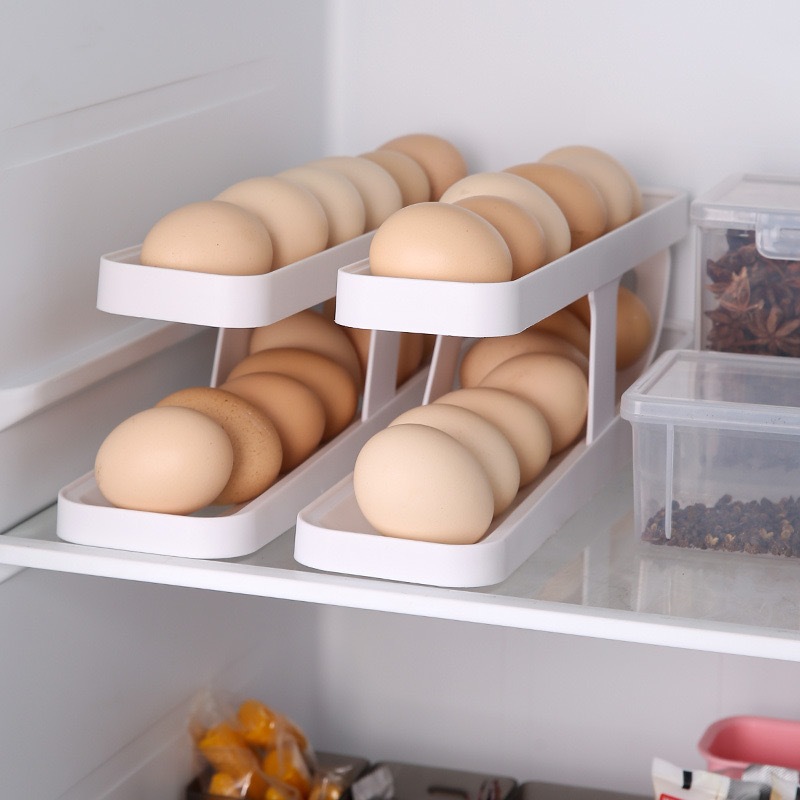 PUSAT17 RAK TELUR 2 TINGKAT OTOMATIS TEMPAT PENYIMPANAN TELUR BERGULIR WADAH TEMPAT TELOR KULKAS DAPUR ROLLING EGG STORAGE ORGANIZER - Gambar 2