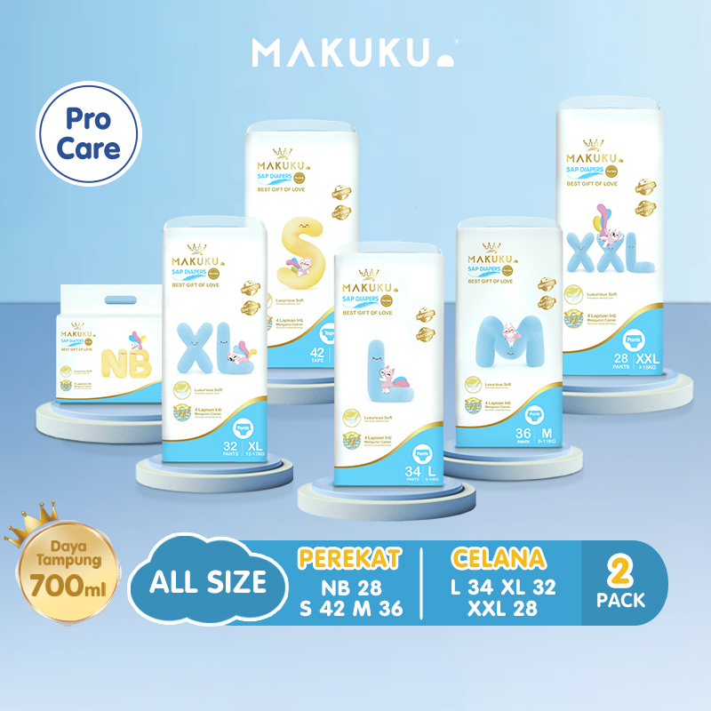 [2 PACK] MAKUKU SAP DIAPERS PRO CARE TAPE/PANTS NB28/S42/M36/L34/XL32/XXL28 / Popok bayi Tipis SAP anti gumpal cepat kering sekali pakai perlengkapan bayi baru lahir / Popok Newborn