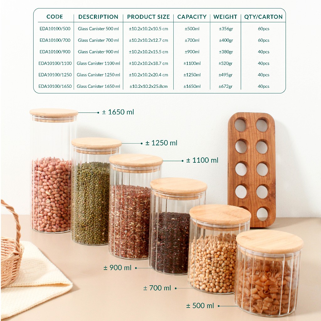 Toples Kaca Tutup Kayu 500ml, 700ml, 900ml, 1100ml, 1250ml, 1650 ml