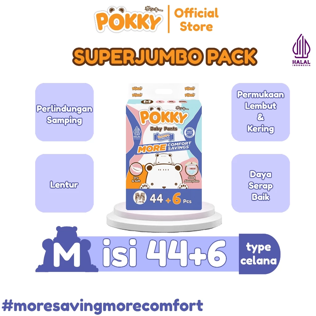 [1 BAG] POKKY Pants Popok Celana Bayi SUPER JUMBO PACK M44+6/L38+6/XL32+6/XXL28+6 - Gambar 2