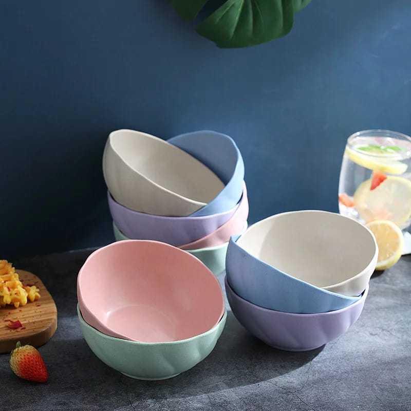 Dreamyhouse 4PC MANGKUK MAKAN PLASTIK BESAR MANGKOK SOUP BOWL 17CM SERAT JERAMI MODEL GELOMBANG - Gambar 2