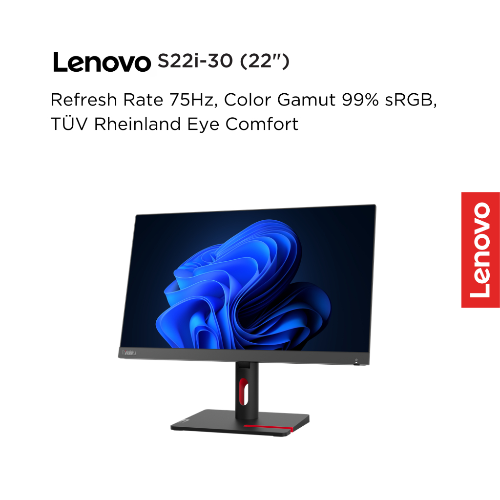 Lenovo Monitor ThinkVision S22i-30 63FCKARBWW Raven Black 21.5" FHD IPS 250nits 75Hz 99% sRGB Antiglare WLED Backlight Tilt VESA HDMI Cable Garansi Resmi 3 Tahun Pick-up & Repair S22i 22inch NearEdgeless - Gambar 3