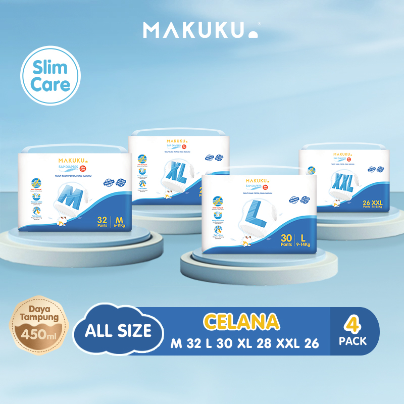 [4 Pack] MAKUKU SAP Diapers Slim Care Pants M/L/XL/XXL & Slim Care Skin Joy M32 / L30 / XL28 / XXL26 Popok Tipis Anti Gumpal Mengunci Cairan