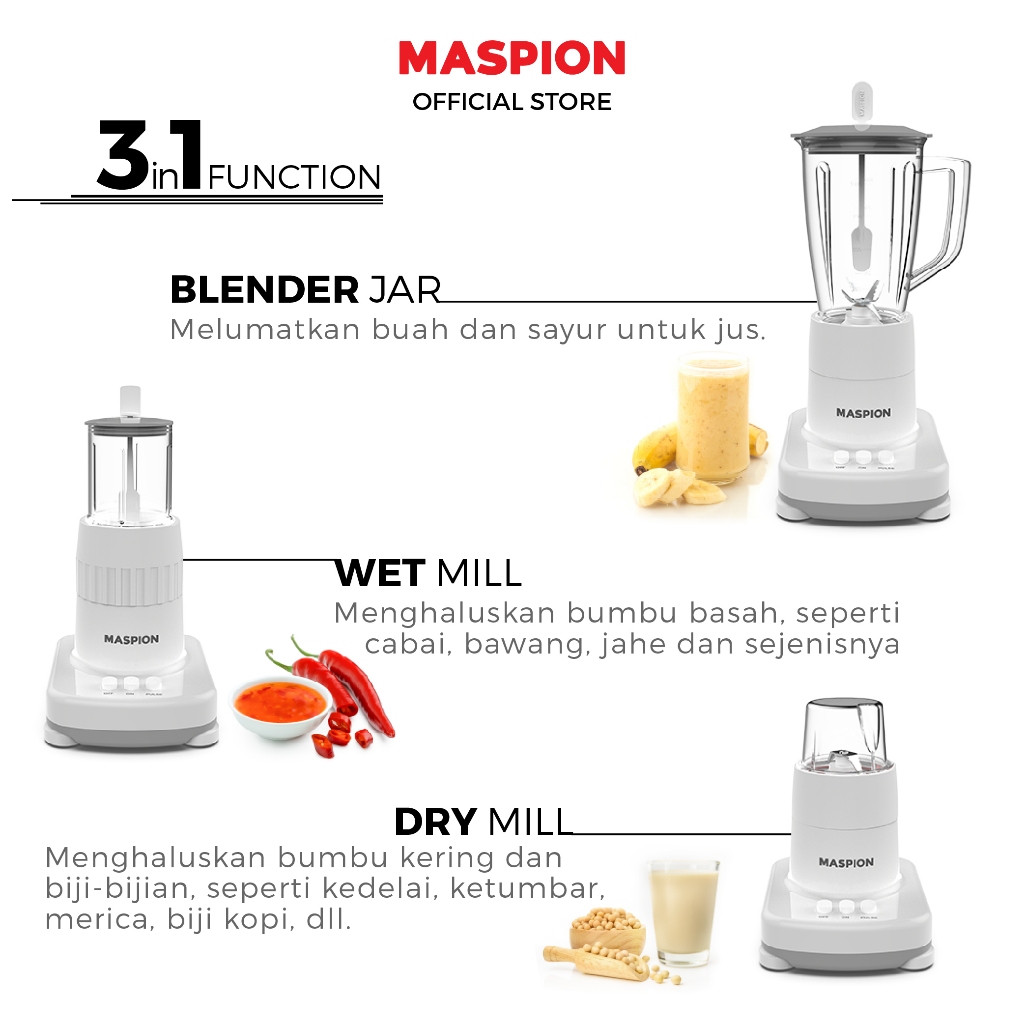 Maspion Pelumat Blender with Wet Miller and Dry Miller 1 Liter MT-1273 PL - Gambar 3
