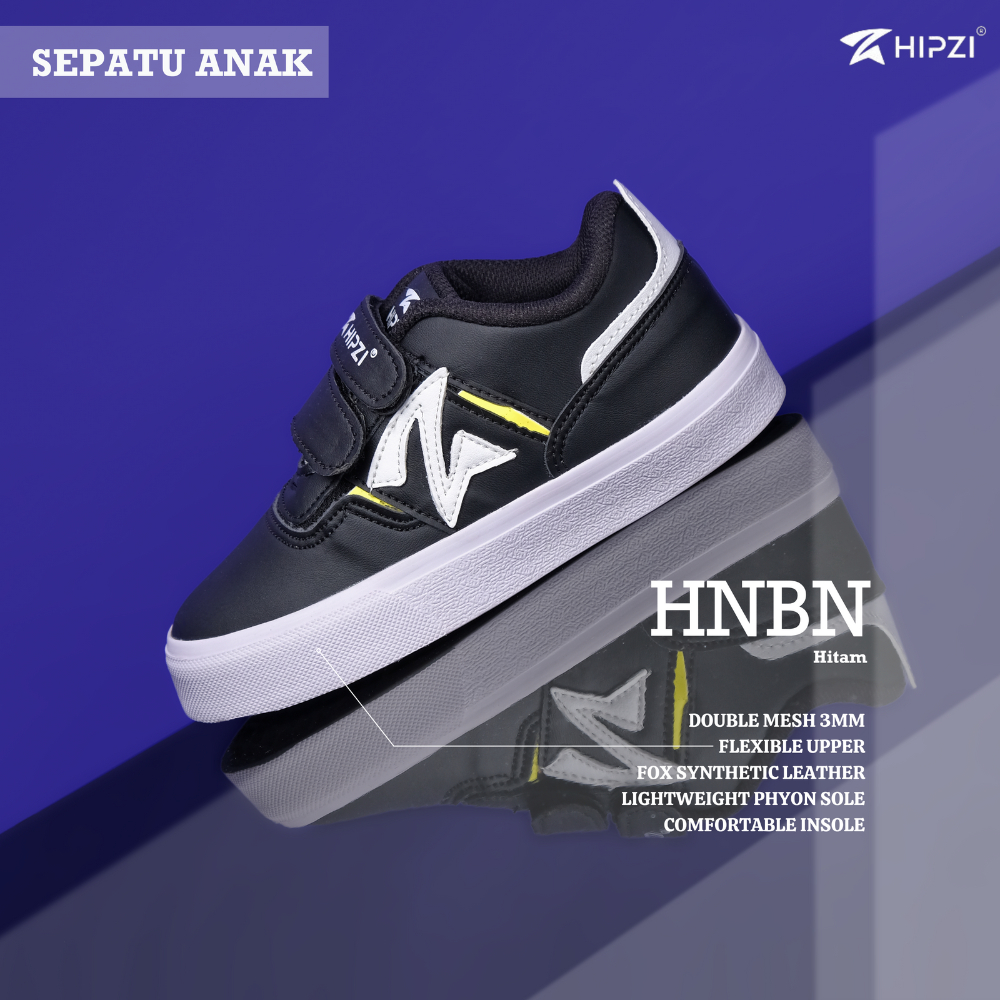 HIPZI - Sepatu Anak Sneaker Laki Laki & Perempuan Sekolah SD TK PAUD Sport Olahraga Ringan Anti Selip dengan Desain Nyaman Trending 2026 - HNBN Hitam Putih