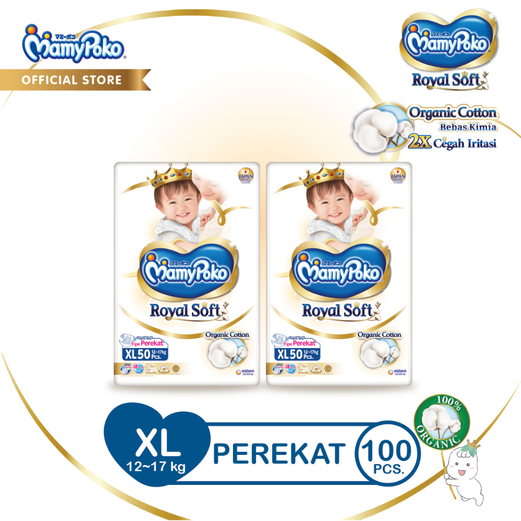 MamyPoko Royal Soft Organic Cotton - XL 50 - Popok Tape - 2 Packs