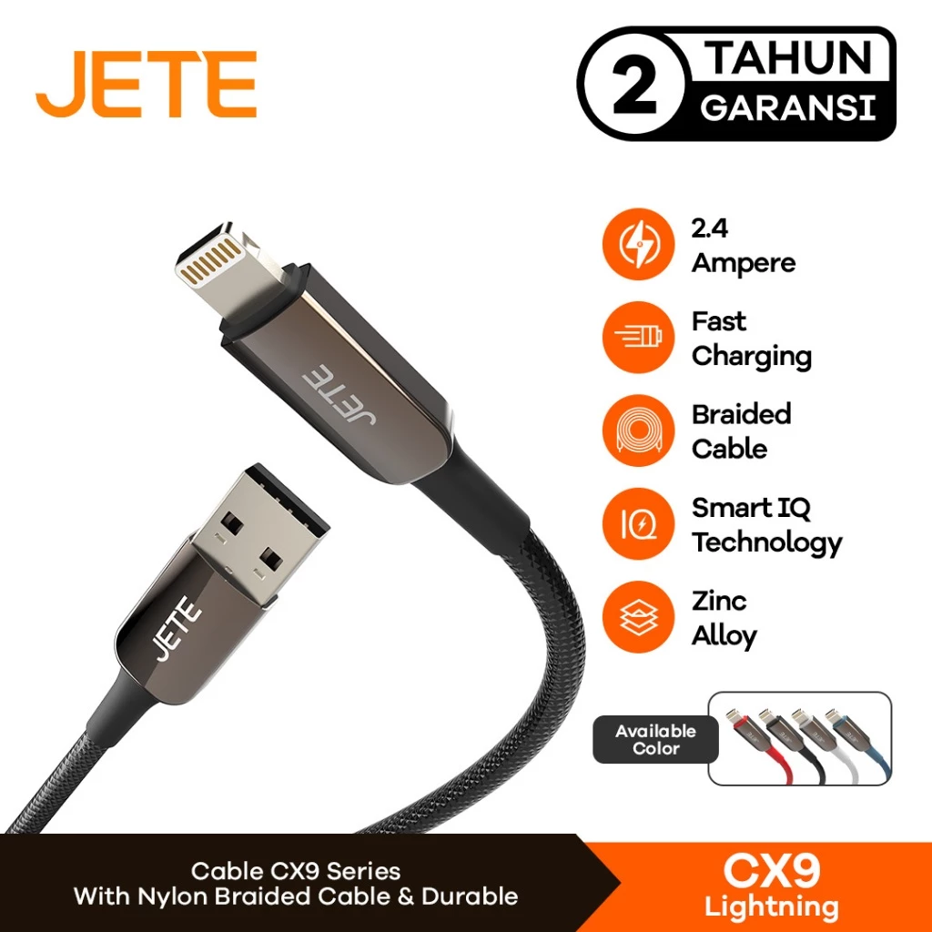 JETE CX9 Kabel Data Lightning 12W Fast Charging 2.4A - Kabel Data Lightning JETE - Garansi 2 Tahun