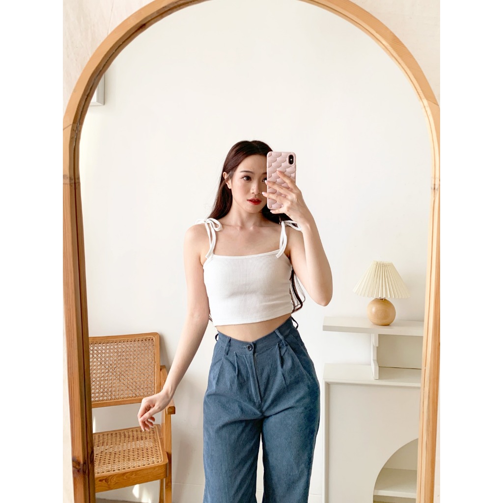 Korean Basic Tanktop Ribbon Strap Korean Style Crop Tank Top Women Rib