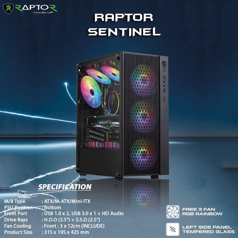Sentinel RAPTOR Power Up Casing - ATX Gaming Case - BONUS 3 FAN RGB ...