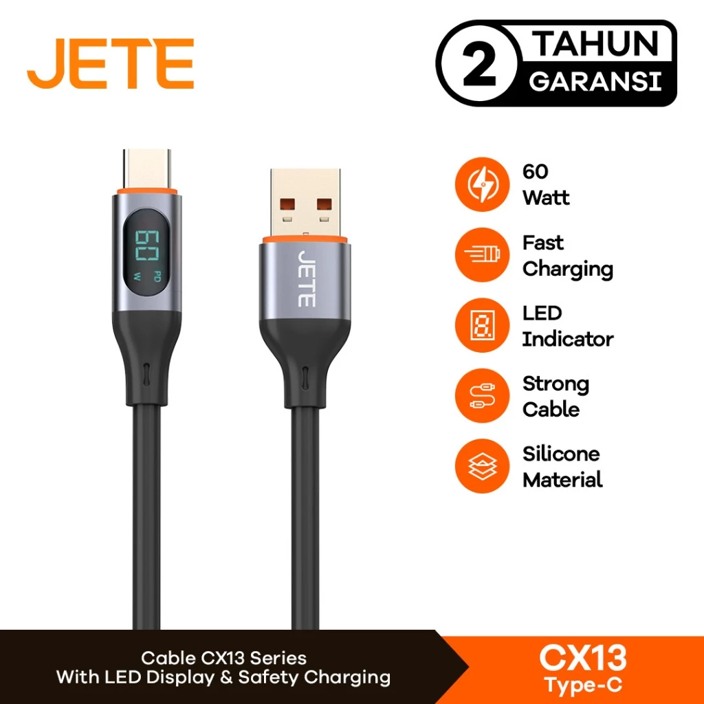 Kabel Data Kabel USB Type C Fast Charging with LED JETE CX13 - Garansi 2 Tahun