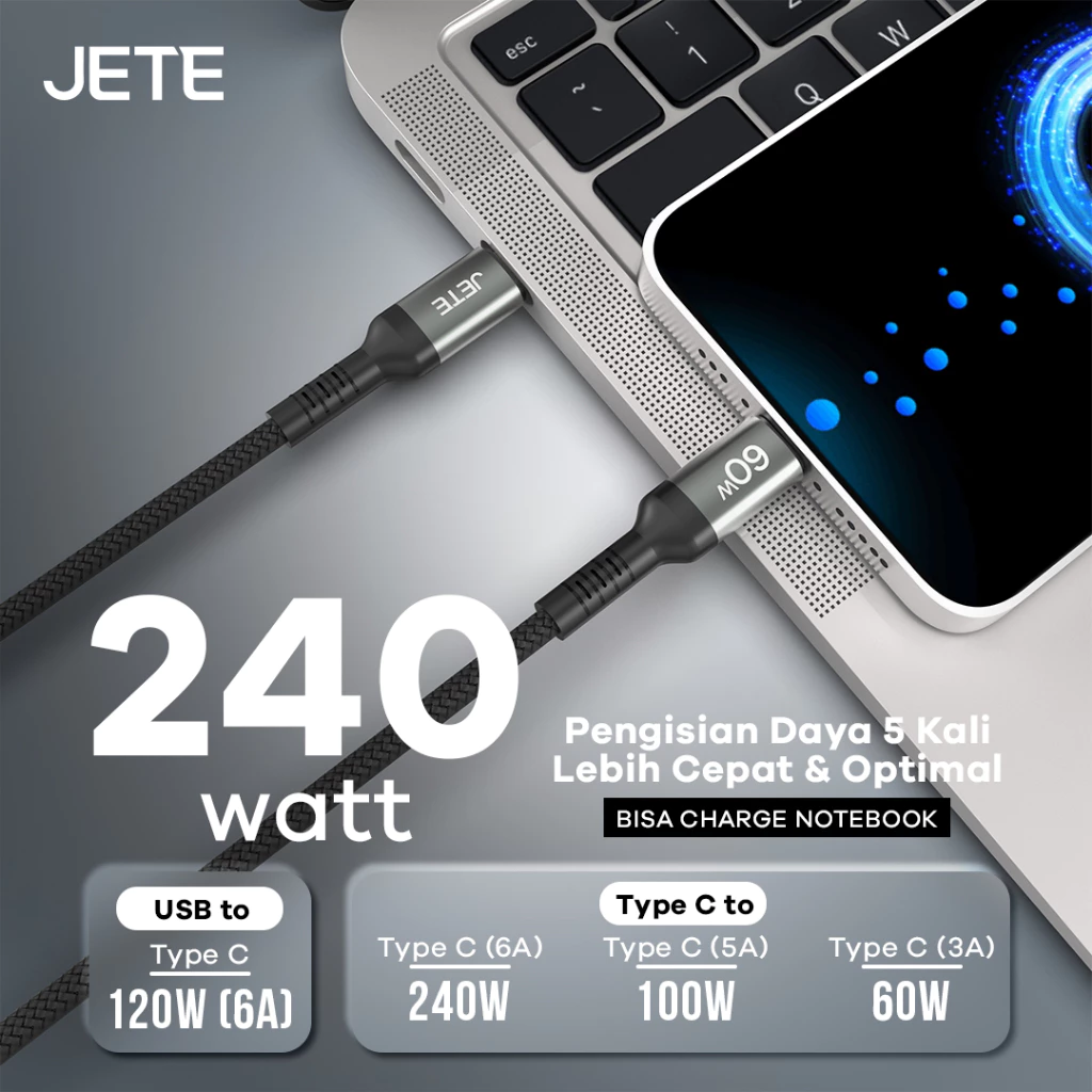 JETE CX12 Kabel Data Fast Charging 240W Type C to Type C - Garansi 2th - Gambar 3