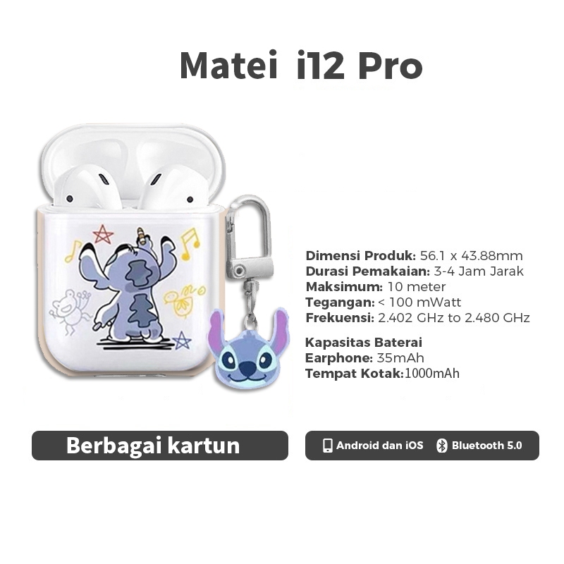 Matei Headset Bluetooth 5.0 Earphone TWS i12 Wireles Inpods Kartun Silicone Transparan Case doraemon - Gambar 4
