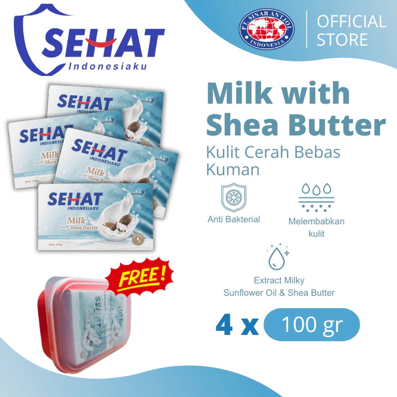 4 Pcs - SEHAT MILKY FRESH MILK BLACK 100GR SHEA BUTTER - Sabun Mandi Batang Susu GRATIS LUNCH BOX MERAH