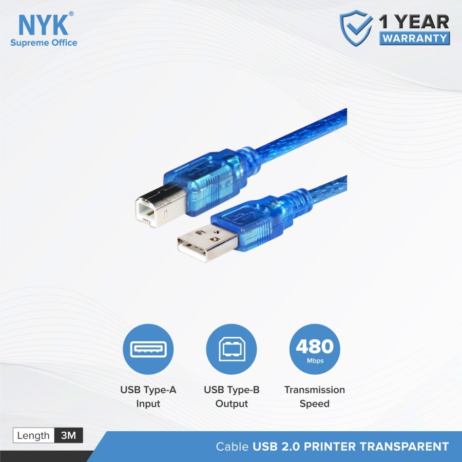 NYK Kabel Cable Printer USB 2.0 Transparent Garansi 1 Tahun - Gambar 4