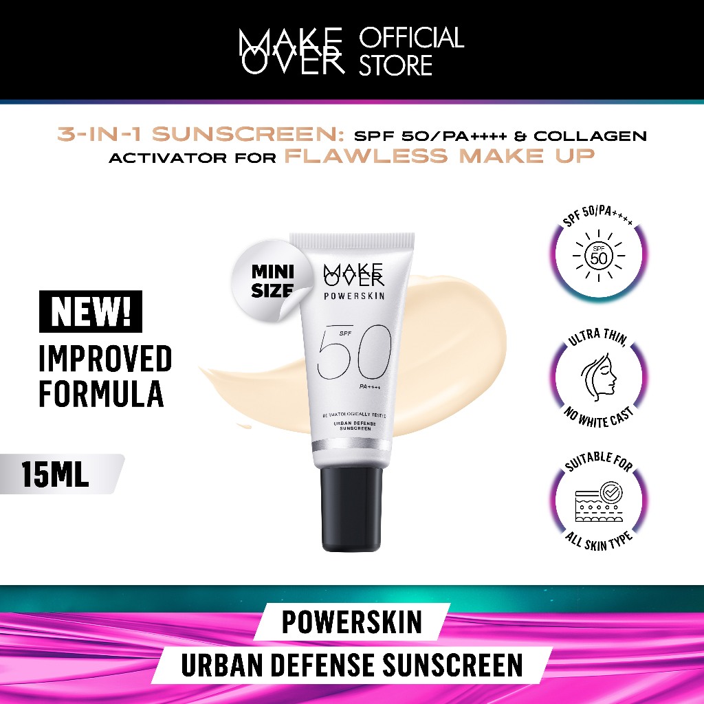 MAKE OVER Powerskin Urban Defense Sunscreen - Proteksi UVA UVB SPF50 PA++++ invisible tidak berwarna ringan tidak whitecast tidak flashback tidak lengket cocok semua warna kulit semua tipe make up - Gambar 2