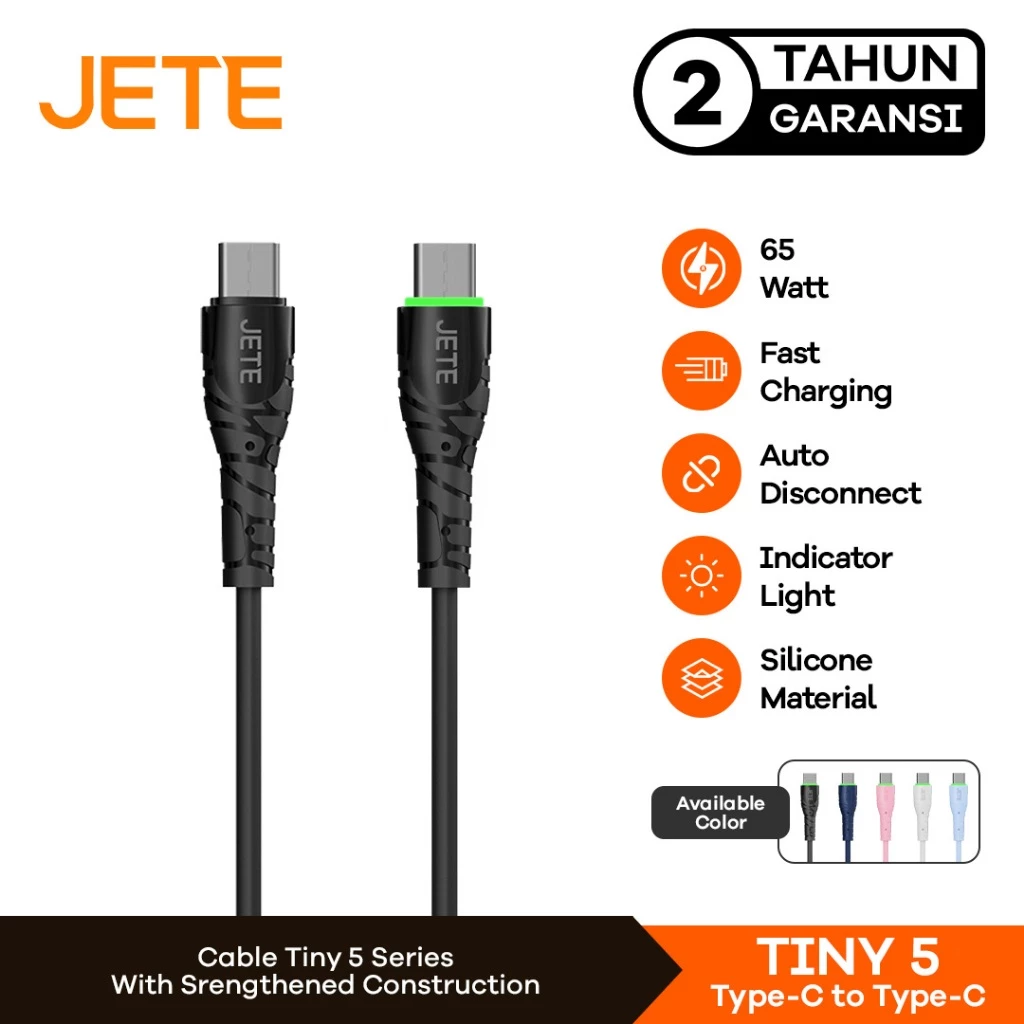 JETE Tiny 5 Kabel Data Type C to Type C 65W Fast Charging PD (100cm) - Garansi Resmi