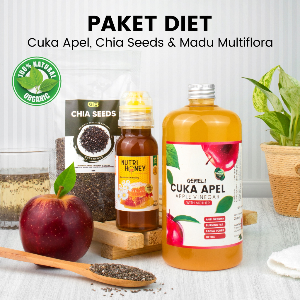 Paket Diet Sehat - Cuka Apel Organik 500ml Madu Murni 140gr Chiaseed Premium 100gr