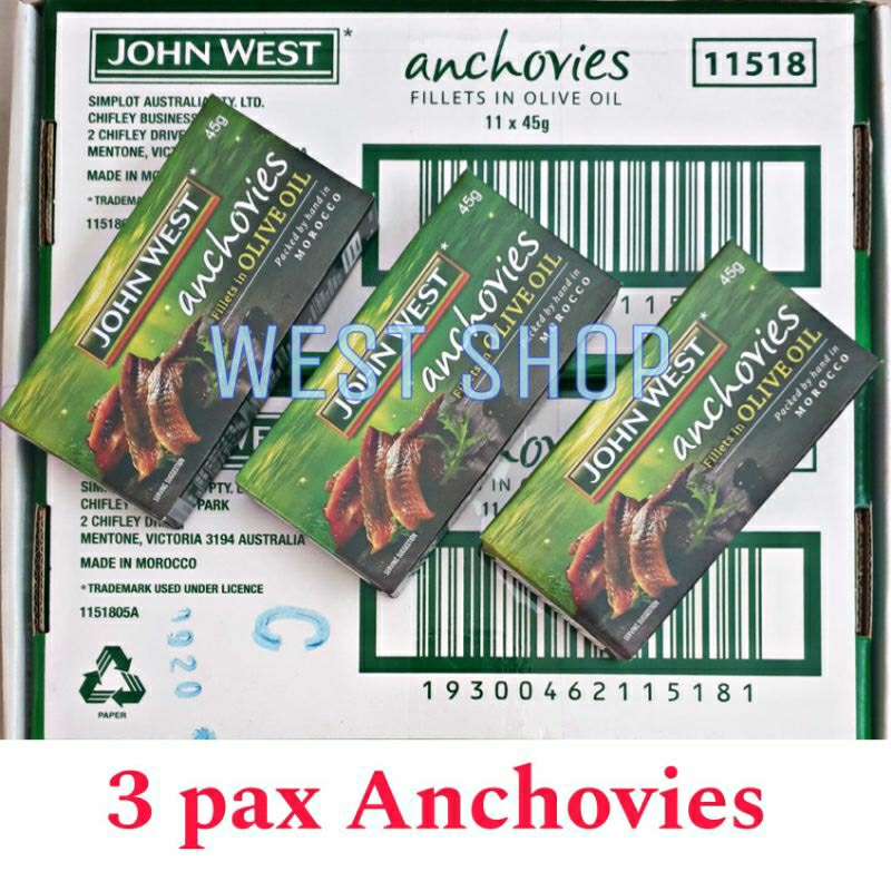 Anchovy ANCHOVIES JOHN WEST FILLETS IN OLIVE OIL 45gr x 3 pax Shopee