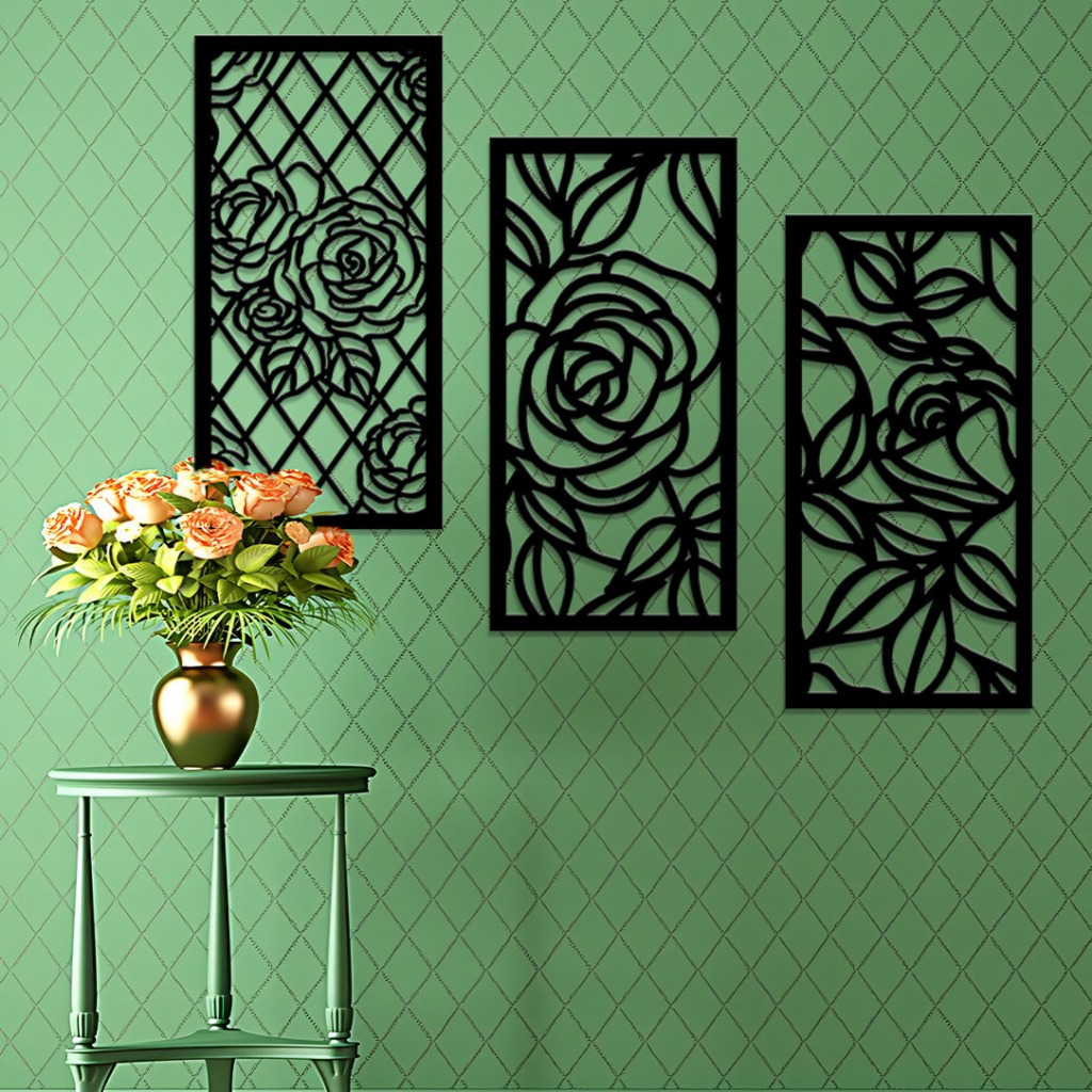HIASAN DINDING Minimalist Flower Wall Decoration 3pcs Plywood Cutting