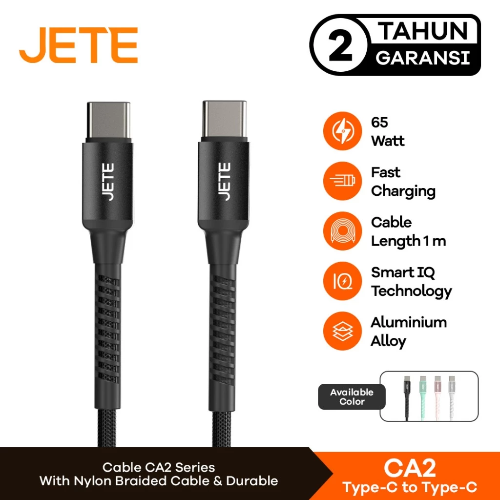 JETE CA2 Kabel Data Type C to Type C PD 65W Fast Charging 3A - Kabel Data - Garansi Resmi
