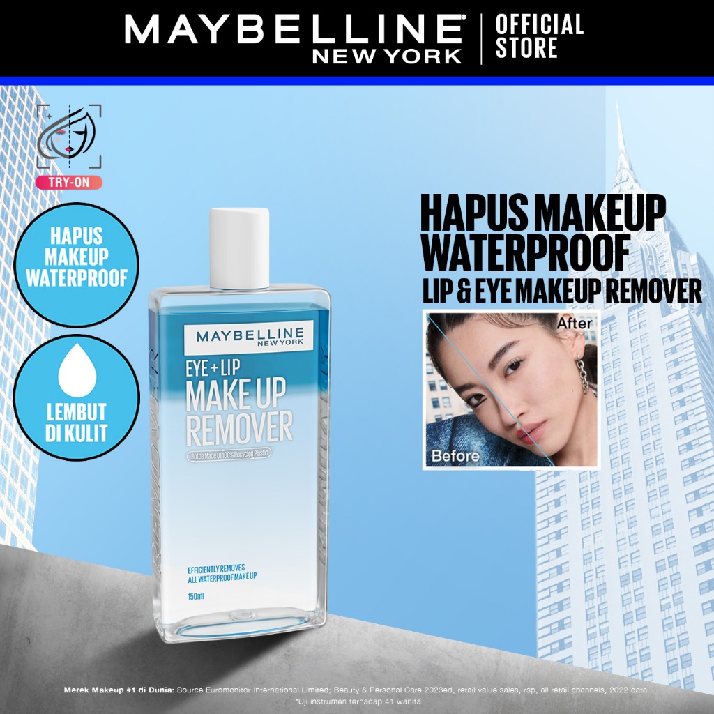 MAYBELLINE OFFICIAL Lip & Eye Makeup Remover - 70/150 ml / Mudah Hapus Make Up Waterproof Cocok Untuk Mata Sensitif Lembut di Kulit / 150ml - Gambar 2