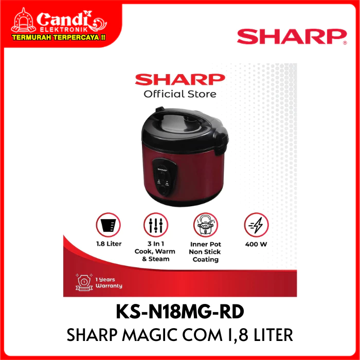SHARP Rice Cooker Kapasitas 1,8 Liter Non-Stick Coating KS-N18MG-RD - Gambar 3