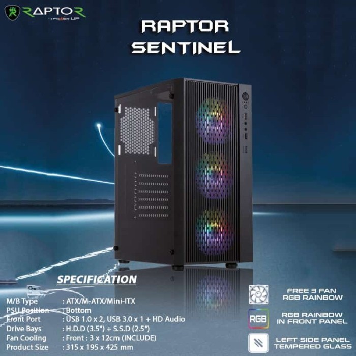 Mid Tower ATX RAPTOR SENTINEL Gaming Casing Includes 3 RGB Fans ...