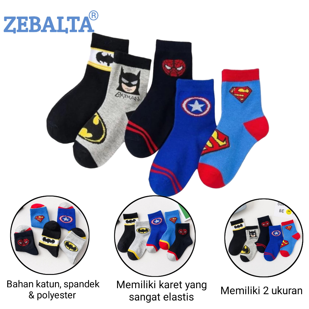 ZEBALTA - [Paket 5 Pasang] Kaos Kaki Anak Motif Superhero 4-12 Tahun - Gambar 2