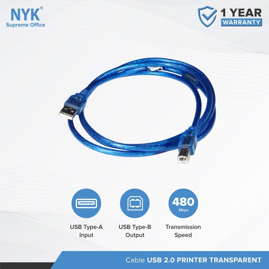 NYK Kabel Cable Printer USB 2.0 Transparent Garansi 1 Tahun - Gambar 2