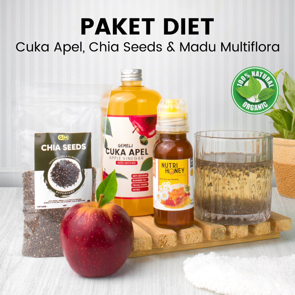Cuka Apel Original 500ml Madu Asli Raw Honey 140gr Chiaseed 100gr - Paket Diet Detoks