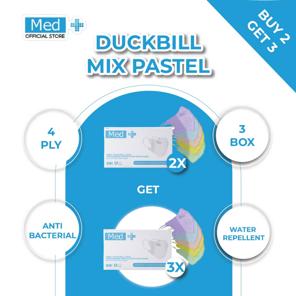 Med+ Masker Duckbill 4ply Putih/Hitam/Mix Pastel 50 Pcs/Masker Duckbill Kemenkes Disposable Face Mask (3pack) - Gambar 4