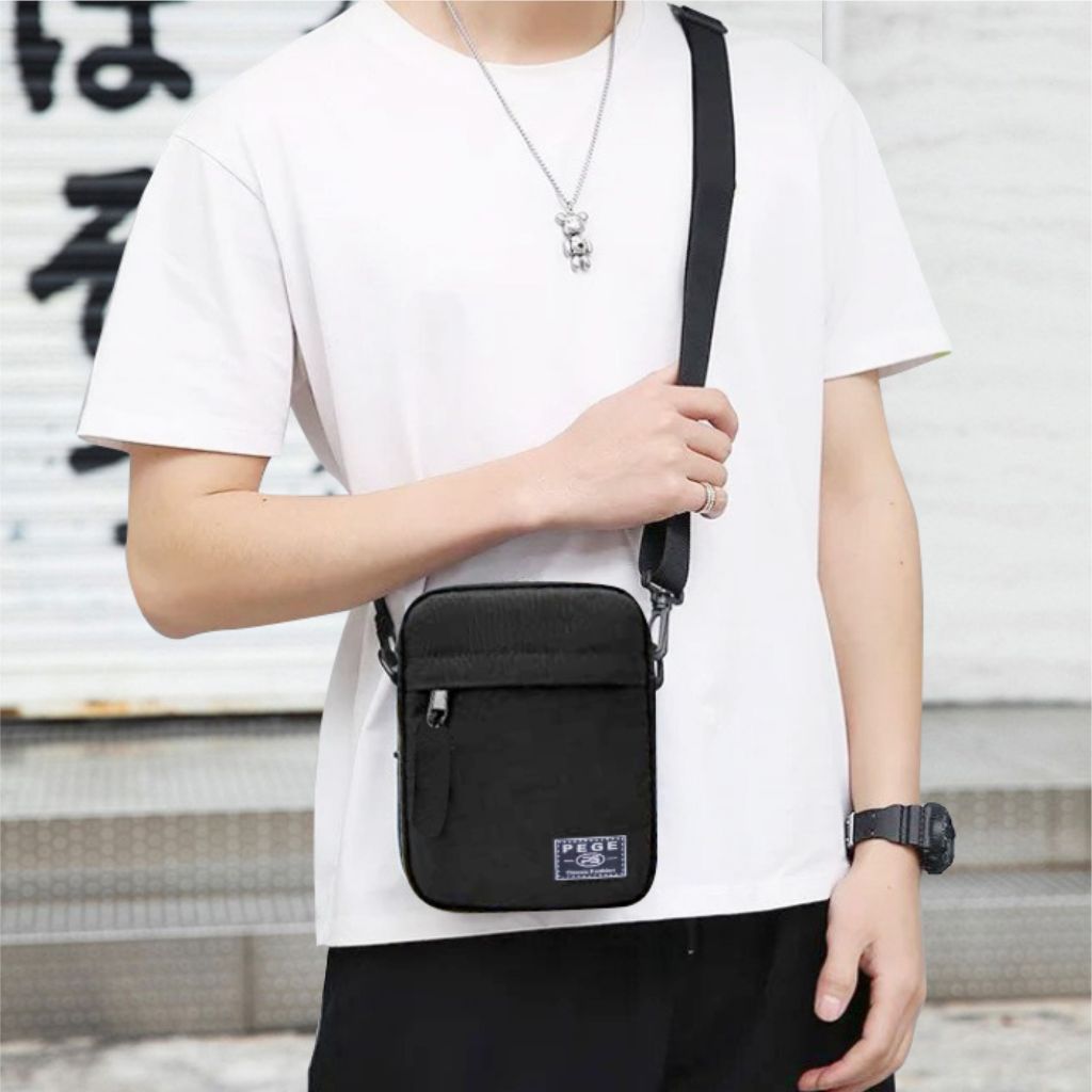 HITAM Men's Plain Sling Bag PEGE Sling Bag Casual Black Cool Shoulder ...