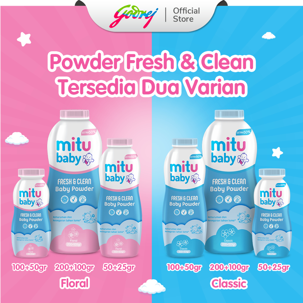 Mitu Baby Powder Fresh & Clean Pink Floral 100 + 50 gr - Bedak Bayi - Gambar 4